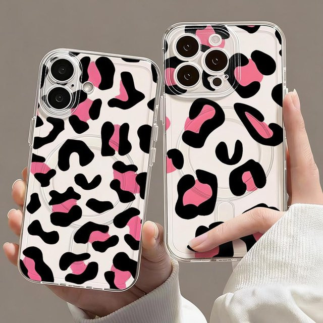 Magnetische iPhone Handyhülle in Rosa Leoparden-Design, transparente und schlanke kabellose Abdeckung für Apple iPhone 17 16 15 14 13 12 Pro Max Plus - Bild 1