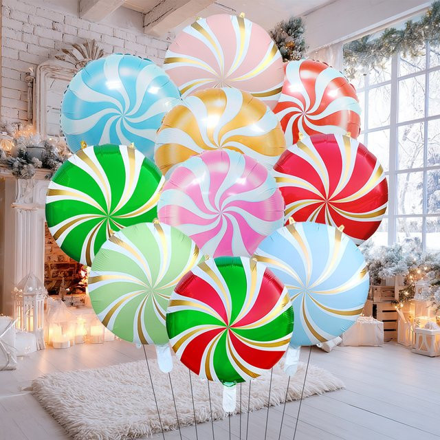 10er Set bunte Weihnachts-Folienballons in Windmühlen-Optik, runde Heliumballons für deine Weihnachtsdekoration, Durchmesser: 45,72 cm - Bild 1