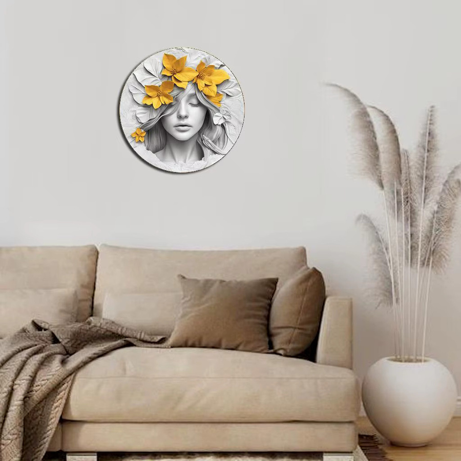 Potdemiel Vintage-Blumenmädchen Wandkunst aus Metall, rundes Metalldekor mit gelben Blumen, Durchmesser: 20,3 cm - Bild 3
