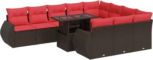 vidaXL 11-teilige Garten-Sofagarnitur in U-Form aus braunem Poly-Rattan und Akazie mit wetterfesten Kissen - Bild 1