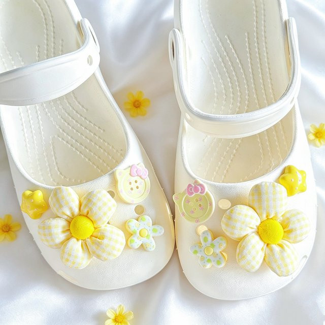 Mesuca Schuhcharms-Set, 8-teilig, Gelbes Gingham-Blumen, Stern, für Clogs und Sandalen - Bild 1
