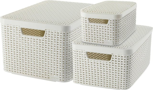 Curver Style Aufbewahrungsboxen 3er Set mit Deckel in Cremeweiß mit Rattan-Struktur, Höhe: 24,8 cm, Tiefe: 33 cm - Bild 1
