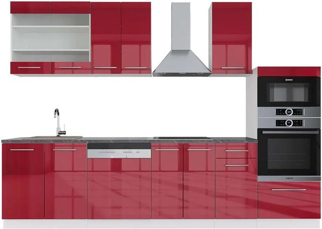 Vicco Fame-Line Küchenzeile Bordeaux Hochglanz und Weiß mit Hochschrank Anthrazit, Breite: 300 cm - Bild 1