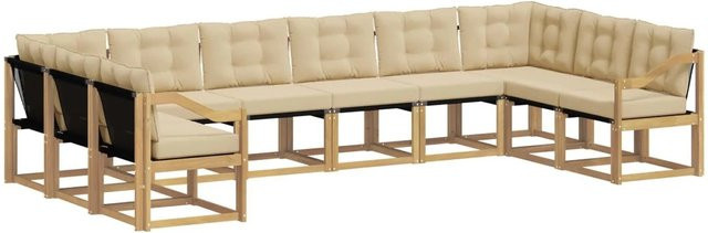 vidaXL Outdoor-Sofagarnitur in U-Form aus Akazienholz mit Textilene-Bezug und Kissen in Weiß und Beige - Bild 1