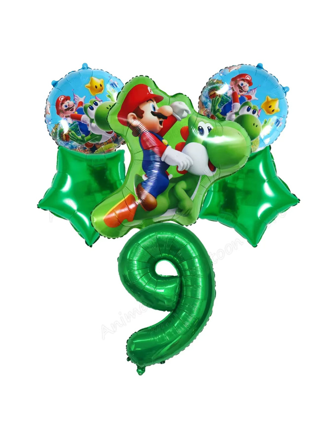 Mario & Yoshi Ballon-Set für Kindergeburtstage mit Folienballons Nummern 01-9 und Deko-Zubehör in Grün von Bandai - Bild 2