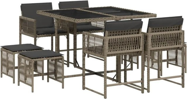 vidaXL 9-tlg Garten-Essgruppe aus Poly Rattan mit Kissen und Hartglas in Grau - Bild 1