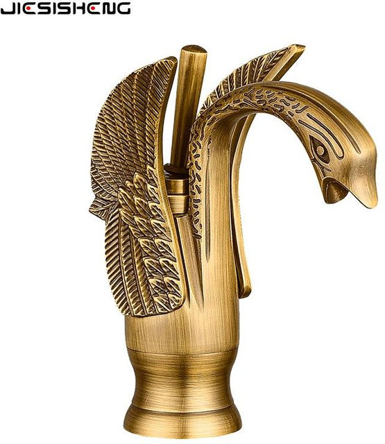 Antiker Schwan Wasserhahn aus Messing von TrendVibeCN für dein Badezimmerwaschbecken, Einloch-Armatur für Warm- und Kaltwasser, Farbe: Beige/Gold - Bild 1