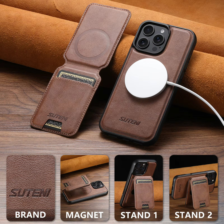 SUTENI Magnetische Handyhülle aus PU-Leder mit Kartenhalter und Ständer für iPhone 17 Pro Max, 16 Plus, 15 Pro, 13 und 12, kabelloses Laden, Schwarz und Braun - Bild 4