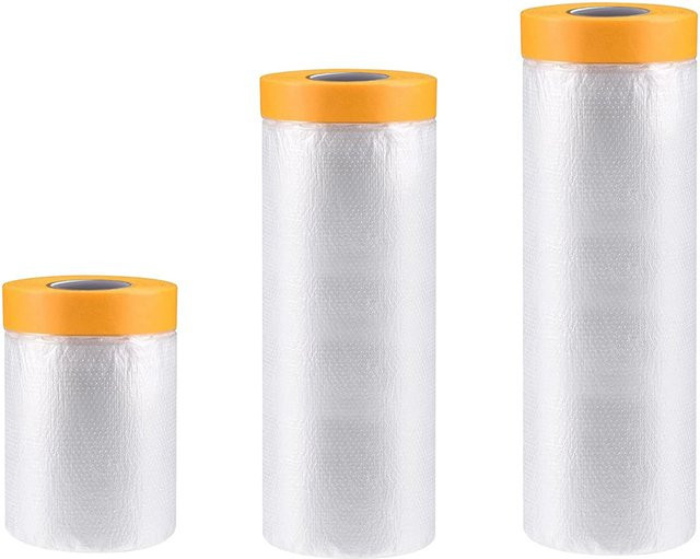 Vorgeklebte Abdeckfolie auf Rolle für Fußbodenleisten, Rahmen und Karosseriearbeiten in Orange und Transparent mit Klebeband - Bild 1