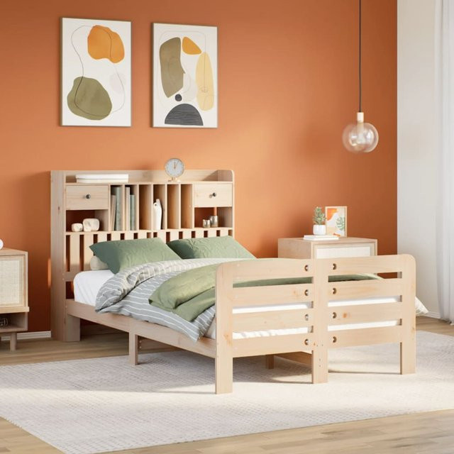 vidaXL Massivholzbett aus Kiefernholz mit Kopfteil und Regal in Braun, B/T/H: 135 x 190 cm - Bild 2