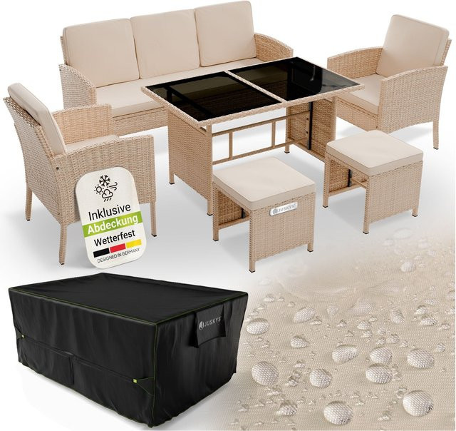 Juskys Polyrattan Gartenmöbel Sitzgruppe Turin 6-teiliges Lounge-Set mit Tisch und Abdeckung in Creme - Bild 1