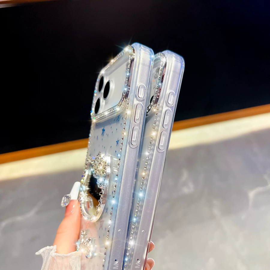 Luxus Handyhülle mit Katze, Diamant-Glitzer und Schleife für Apple iPhone 17 16 15 14 13 Pro Max Plus in Pink, stoßfeste Hardcover Spiegelhülle - Bild 3