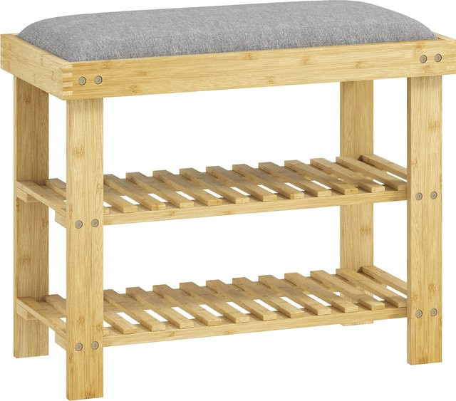 HOMCOM Schuhbank aus Bambus mit grauer Sitzfläche und Schuhregal, B/T/H: 60 x 29 x 49 cm - Bild 1