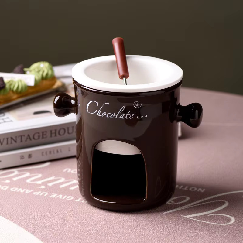 JUSTINLAU Mini-Keramiktasse Fondue-Set in Braun mit Gabel, 130 ml Fonduetopf für Schokolade, Käse oder Eis - Bild 4