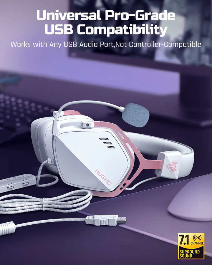 NUBWO HG03 Gaming-Headset mit 7.1 Surround Sound, USB-A, Weiß-Rosa - Bild 3