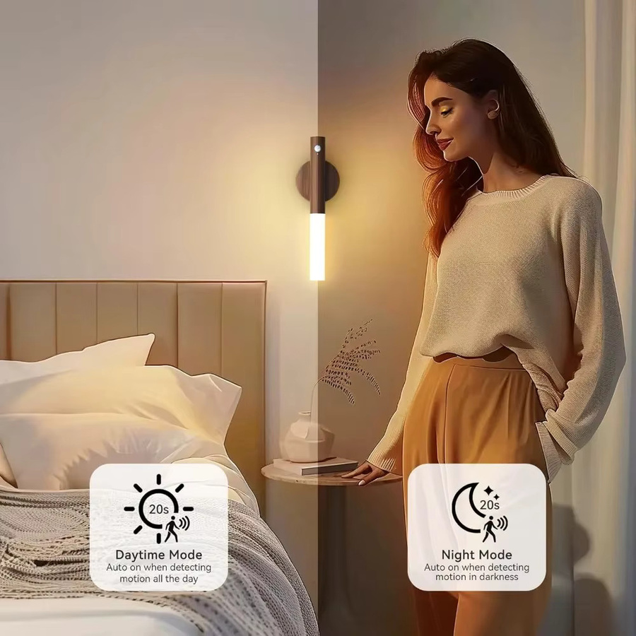 LINYILIGHT LED-Nachtlicht mit Bewegungssensor, wiederaufladbare magnetische Wandleuchte in Holzoptik für Schlafzimmer, Flur und Treppen, Weiß - Bild 3