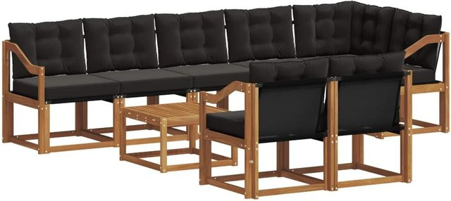vidaXL Outdoor-Sofagarnitur 9-teilig aus Akazienholz und Textilene in Natur und Schwarz mit Kissen - Bild 1