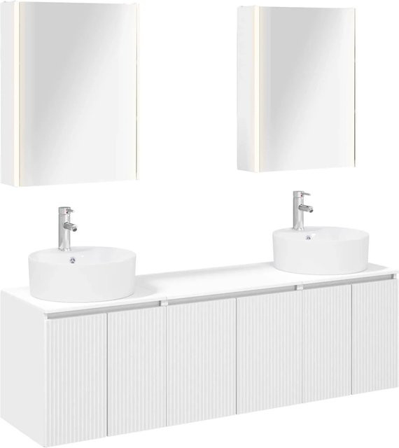 vidaXL Badezimmerschrank-Set 5-teilig in Weiß, modernes Design mit Waschtischunterschrank, Wandunterschrank und Spiegelschrank mit LED-Beleuchtung - Bild 1