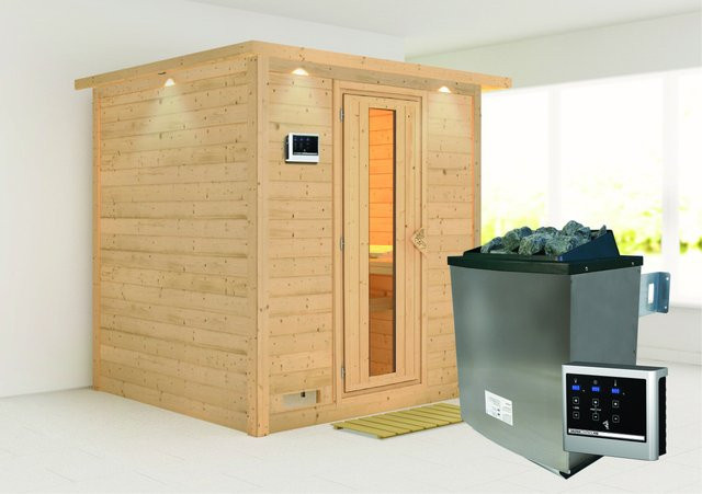 Karibu Sauna Marika aus Massivholz mit Ofen 9,0 kW, externem Steuergerät und LED-Dachkranz, Farbe: Natur/Braun/Weiß, B/T/H: 196 x 196 x 200 cm - Bild 1