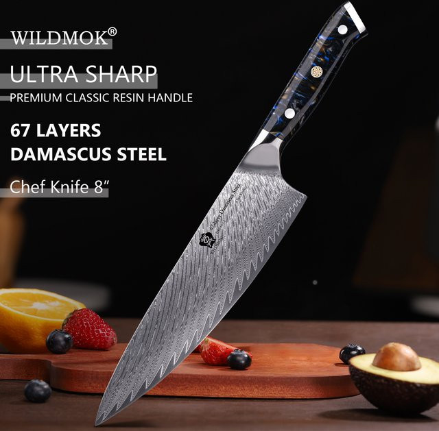 WILDMOK Professionelles Kochmesser aus 67-lagigem Damaskus VG10 High Carbon Steel mit schwarzem Griff, Länge: 20,32 cm - Bild 1