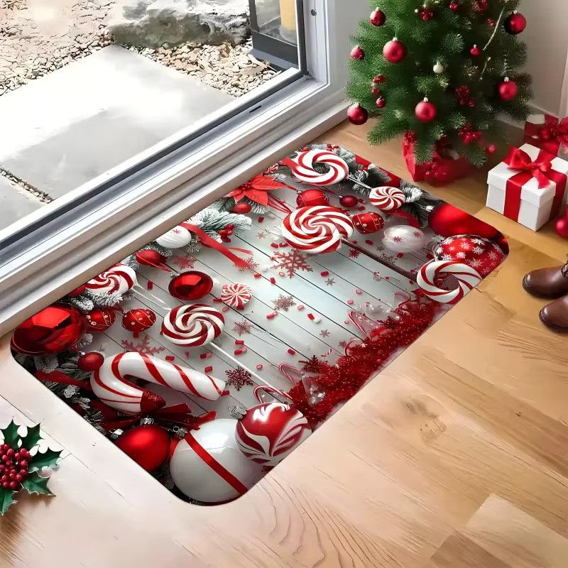 VIKAMA Weihnachtliche Fußmatte mit Motiv aus rot-weißen Süßigkeiten und Lebkuchen in Multicolor für Haustür, Küche oder Wohnzimmer - Bild 2