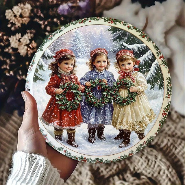 Potdemiel Metallschild Victoria Winter Christmas Scene Rund in Multicolour mit Vintage-Illustration zur Weihnachtsdekoration Durchmesser: 20 cm - Bild 1