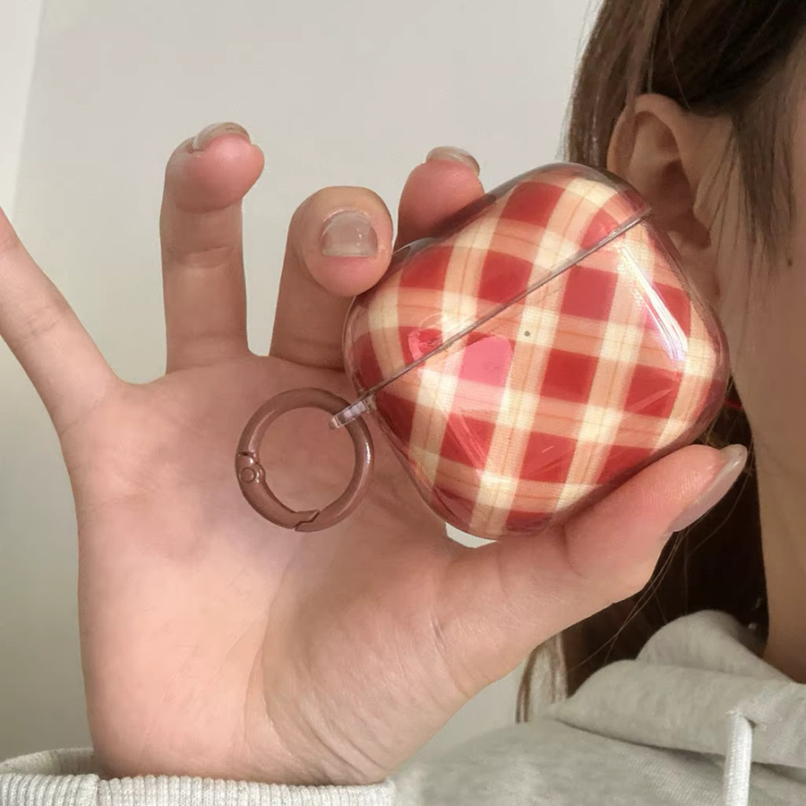 Stoßfeste Schutzhülle für Apple AirPods 1, 2, 3, 4 und Pro 2/3 mit Haken im Retro-Rhombus-Gittermuster in Rotbraun - Bild 2