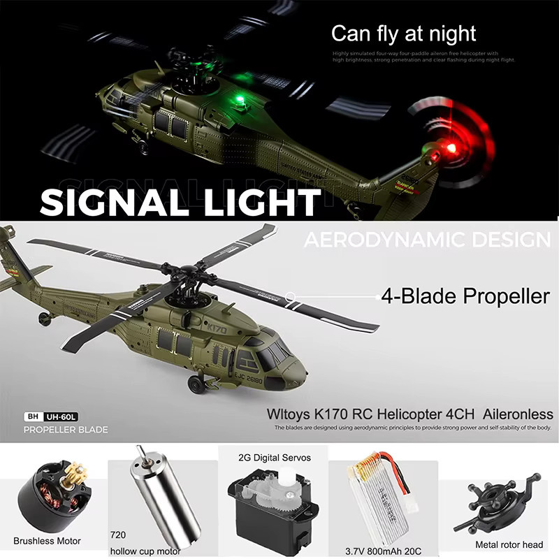 Wltoys RC Hubschrauber UH-60L, 4-Kanal-Fernbedienung, bürstenlos, mit Gyro und LED-Licht - Bild 4