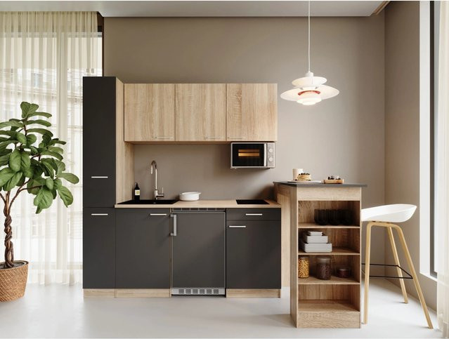 Respekta Ingrid Singleküche in Grau mit Bartisch und Apothekenschrank, Breite: 180 cm, Tiefe: 60 cm, Höhe: 200 cm - Bild 1