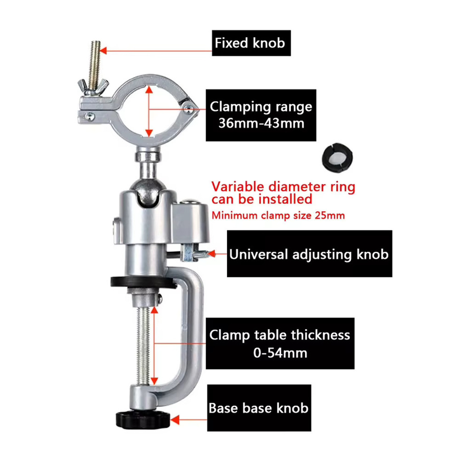 VIBRATITE Tischklemme aus Aluminiumlegierung, 360 Grad drehbar, Klemmbereich: 36–55 mm und 45–61 mm, Größe: 147 mm - Bild 2
