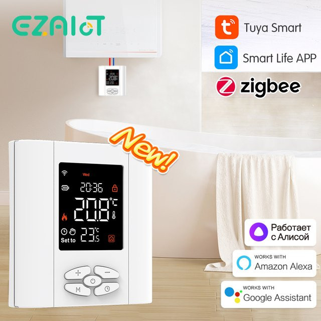 EZAIOT ZigBee Smart Thermostat für Wasser, Gas und Kessel, batteriebetriebener kabelloser Temperaturregler in Weiß, kompatibel mit Tuya WiFi, Alexa und Google Home - Bild 1