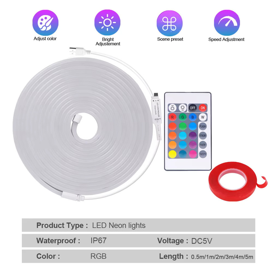 KISUFU RGB LED Neon-Flex Lichtstreifen mit Fernbedienung, USB-Anschluss, Multicolor, Wasserdicht und Selbstklebend - Bild 2