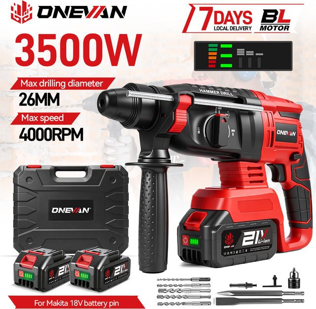 ONEVAN 3500W Bürstenloser Elektrohammer in Rot, Kabelloser Multifunktions-Schlagbohrer mit 4 Modi für Makita 18V Akku - Bild 1