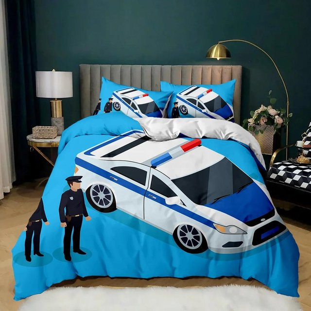 Bettbezug mit Polizist und Polizeiauto Set von Your Warm Home, Cartoon Fahrzeug Design in Schwarz, Rot und Blau, aus Polyester, 2-teilig, B/H: 133 x 70 cm - Bild 1
