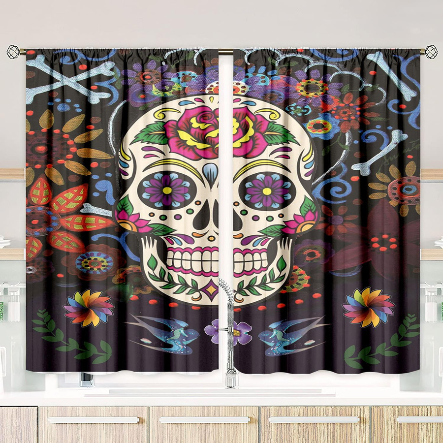 2er-Set Totenkopf Sichtschutzvorhänge aus Polyester in Multicolour für Schlafzimmer und Wohnzimmer, B/H: 76,2 x 165,1 cm - Bild 2