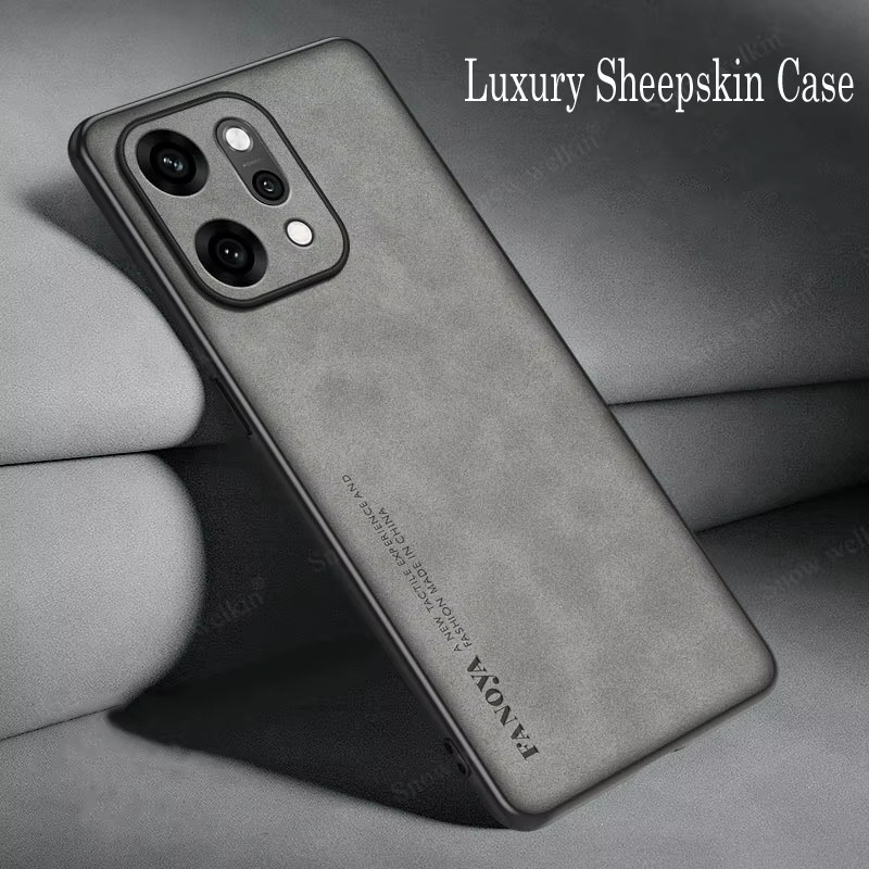 Luxus Leder-Schutzhülle mit Schaffell für Oppo Reno Serie in Grau - Bild 2
