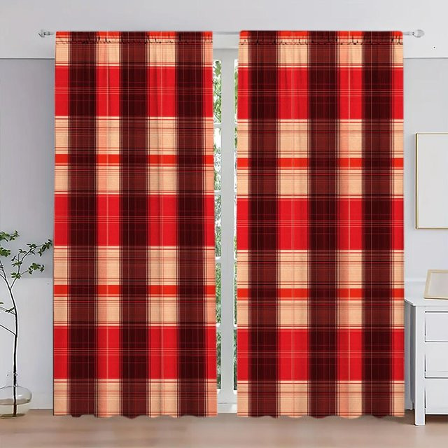 2er-Set karierte Vorhänge von Household supplies MH in Rot und Schwarz für deine Weihnachtsdekoration, Breite: 132 cm, Höhe: 213 cm - Bild 1