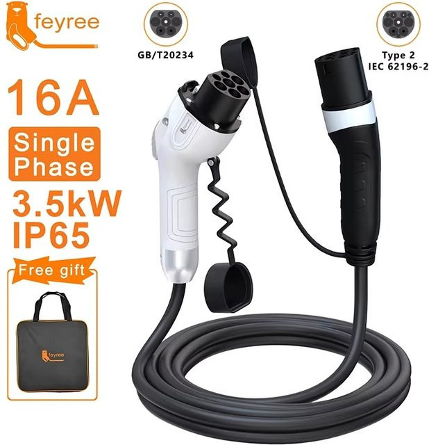 Feyree Ladekabel für Elektroautos mit GB/T weiblichem Anschluss auf Typ2-Stecker, 3-phasig, Farbe: Weiß, Länge: 5 m - Bild 1