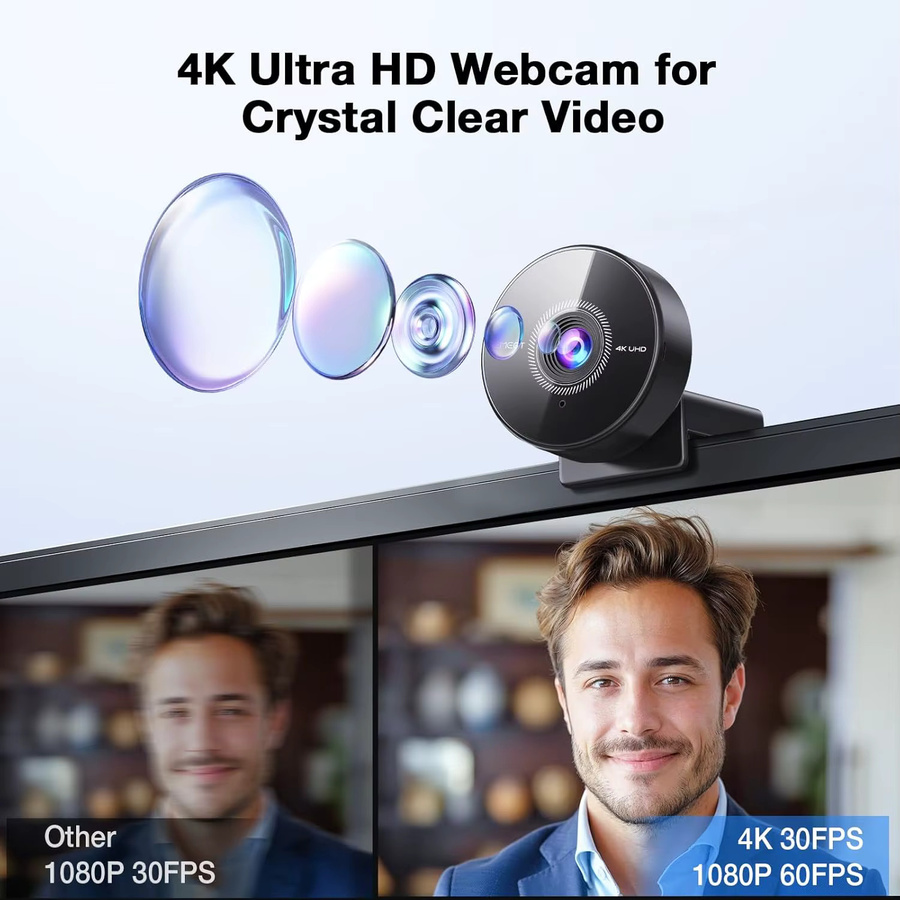 EMEET Webcam 4K mit Mikrofon und Full HD 1080P 60fps, USB-Webkamera für Computer, Desktop und Laptop, Schwarz - Bild 2