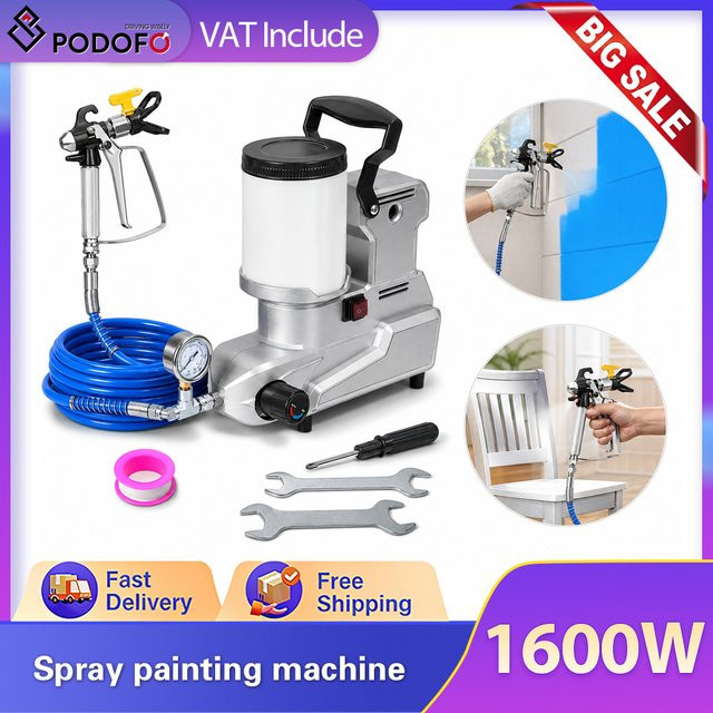Podofo Bürstenloser Airless-Farbsprüher 1600W Hochdruck-Elektrospritzpistole mit 5m Schlauch für Wand, Decke und Möbel - Bild 1