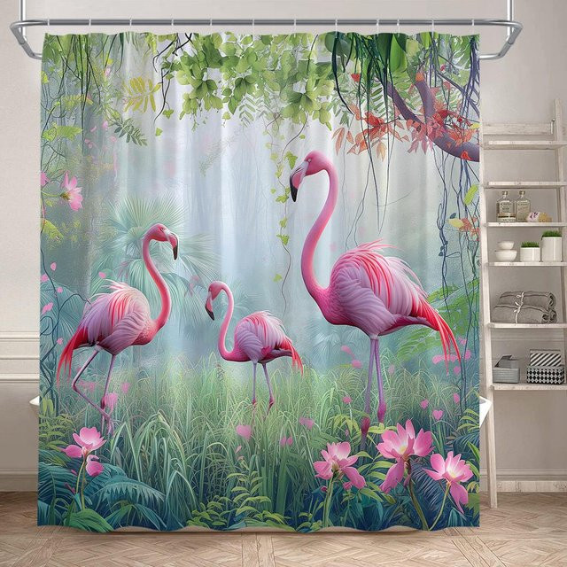 Monika Chen Duschvorhang mit Flamingo, Tropische Dschungelpflanzen und Schmetterlingen, Grün/Mehrfarbig, Polyester, B: 60 cm, H: 190 cm - Bild 1