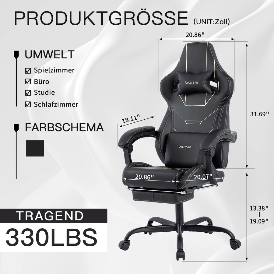 WOTSTA Gaming Chair Ergonomischer Racing Computerstuhl in Schwarz mit Fußstütze und Kopfstütze, gepolstert aus Kunstleder - Bild 2