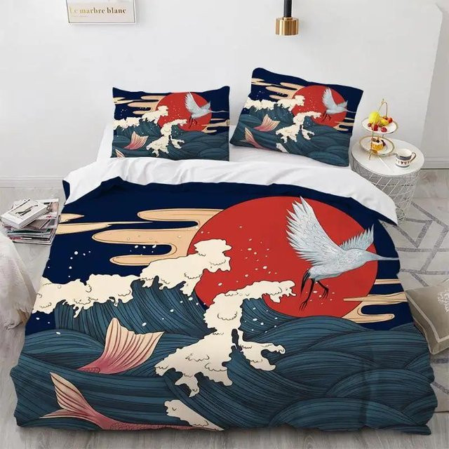 Bettwäsche-Set Your Warm Home mit Hokusai-Wellenmuster in Blau, bestehend aus 1 Bettbezug und 2 Kissenbezügen aus Polyester, B/H: 135 x 200 cm, Kissenbezüge: 50 x 70 cm - Bild 1