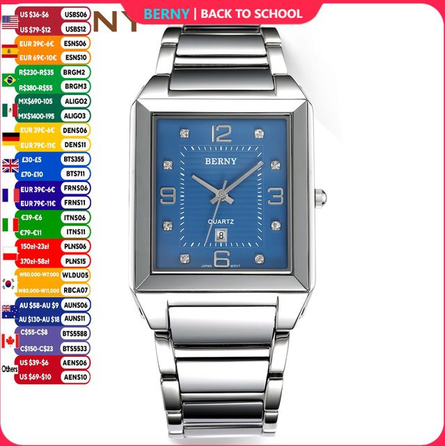 BERNY Armbanduhr Edelstahl, Quarz, eckig, Saphirglas, Blau, Herren - Bild 1