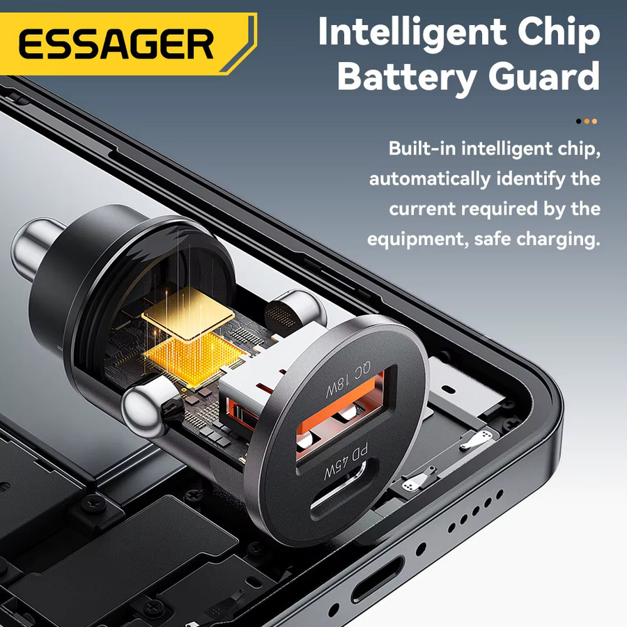 Essager 45 W Autoladegerät mit Dual Port PD QC3.0 und USB-C Schnellladung in Schwarz - Bild 5