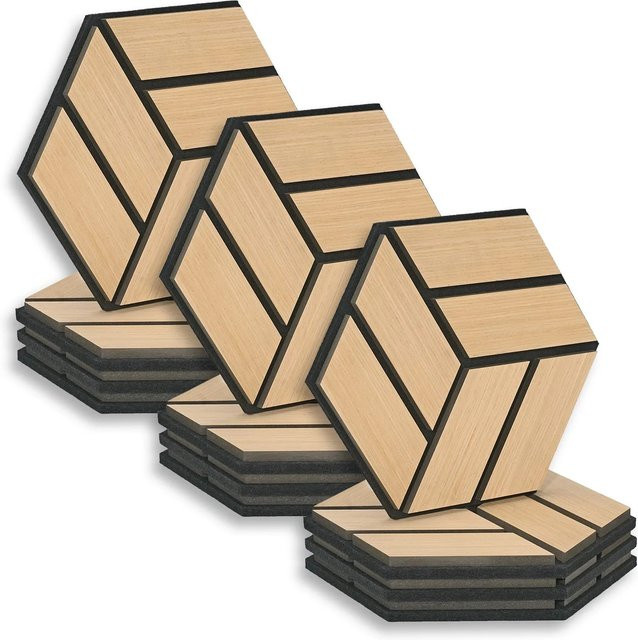 Homestyle4u Akustikpaneele Hexagon Wandpaneele aus Holz in Braun, 12 Stück, B: 30 cm, H: 26 cm - Bild 1