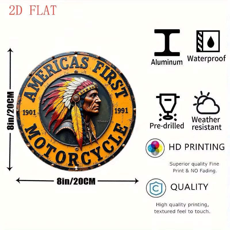Potdemiel Metallwandkunst Native American Chief mit Motorrad Western-Motiv, rund, Durchmesser: 20,3 cm, Multicolor - Bild 2