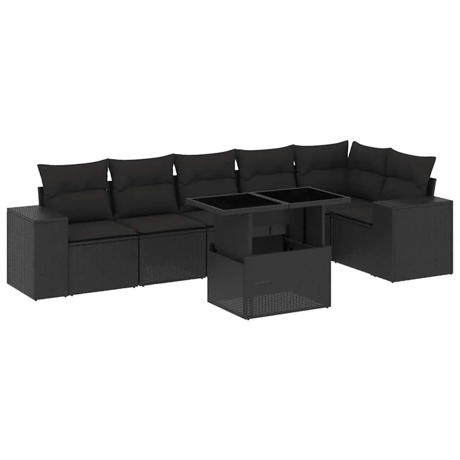 vidaXL 7-teilige Garten-Sofagarnitur in L-Form aus schwarzem Poly-Rattan mit Kissen und pulverbeschichtetem Stahlgestell - Bild 2