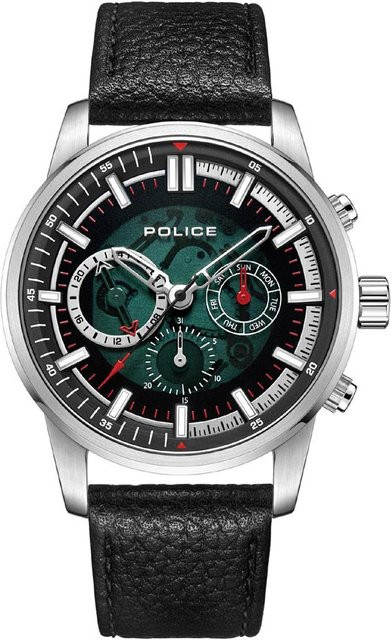 Police Herrenuhr, Quarz, Edelstahl, Leder, Grün, 46 mm - Bild 1