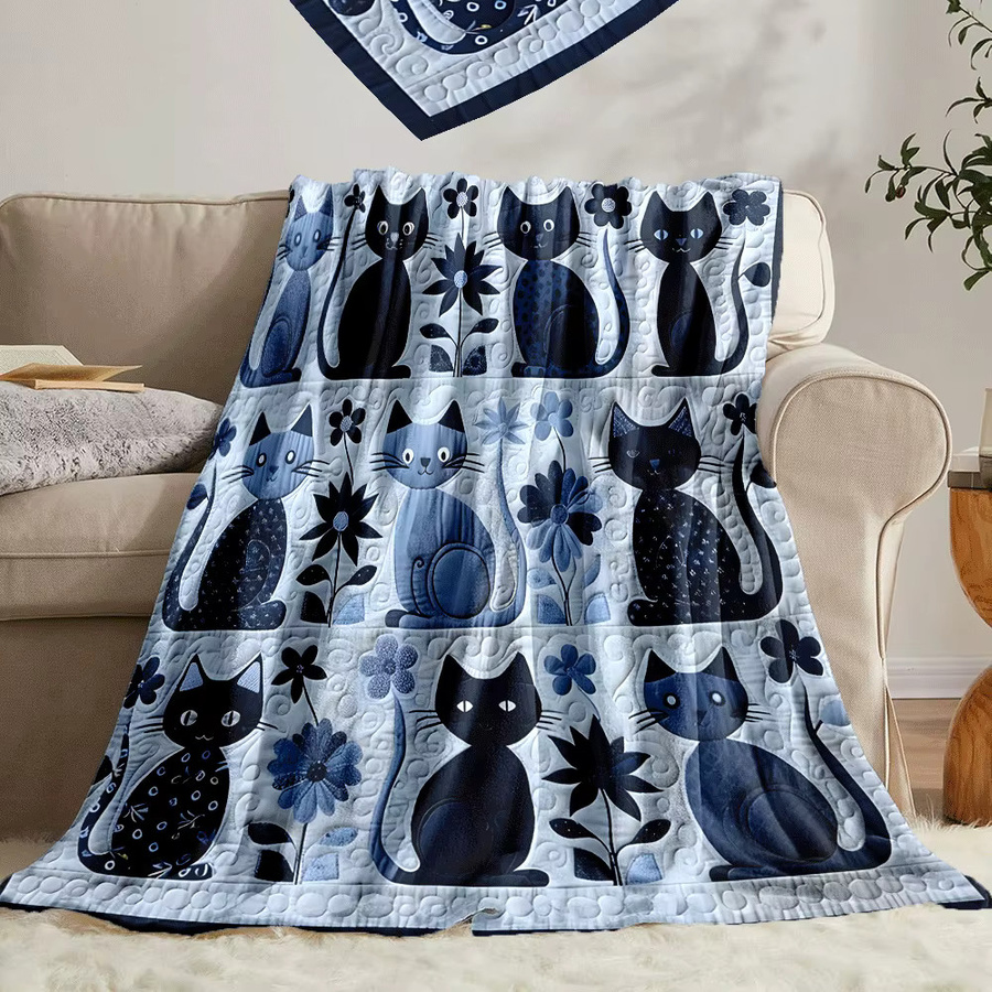 VIKAMA Patchwork-Flanell-Decke mit blauem Katzen-Motiv und floralem Design - Bild 3